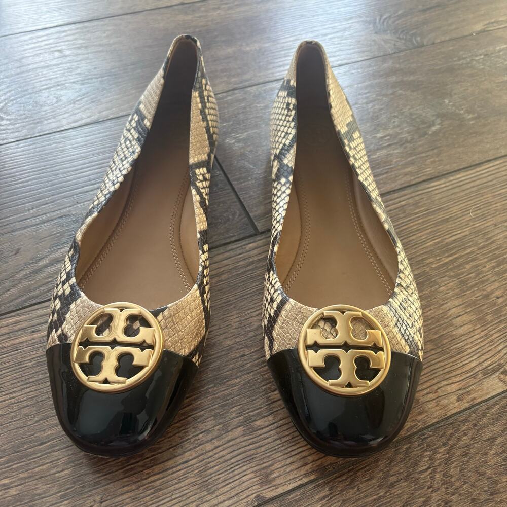 Tory Burch Chelsea Cap Toe Snakeskin Tan Black Patent Leather Gold Women Sz 10.5